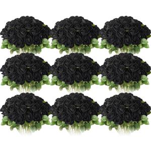 Jexine 100 Pieces Artificial Roses Flowers Bulk, Long Stem Realistic Fake Silk Roses Bouquet for Table Centerpiece Vases Wedding Party Home Kitchen Decor (Black)