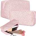 3 PCS Quilted Makeup Bag,Cute Floral Cotton Coquette Cosmetic Bag,Large Travel Toiletry Bag Makeup Brushes Storage Organizer for Women-Pink Floral