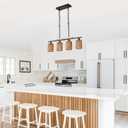 Farmhouse Linear Ratten Chandelier, Black Finish Wood Pendant Light Fixtures Over Table, Adjustable Height Kitchen Island Light Dining Room 4-Light