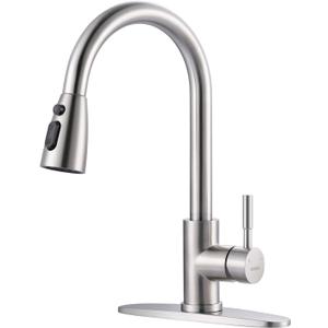 WOWOW Kitchen Faucet with Sprayer, Kitchen Sink Faucet, SUS 304 Stainless Steel, High Arc Single Handle Brushed Nickel Kitchen Faucets with Pull Down Sprayer, Pull Out Kitchen Faucet with Deck Plate (A: Brushed Nickel)