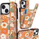 Petitian for iPhone 15 Case with Wallet - Women Girls Cute Girly Aesthetic Unique Design with Leather Credit Card Holder Cardholder Stand Wristband for Apple 15, Orange Floral