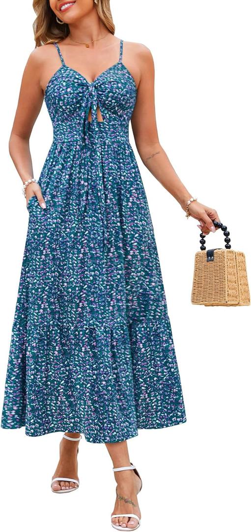 Kranda Women 2026 Summer Sundress High Waist Tie Front Spaghetti Strap Long Beach Floral Tiered Maxi Dress with Pockets Large