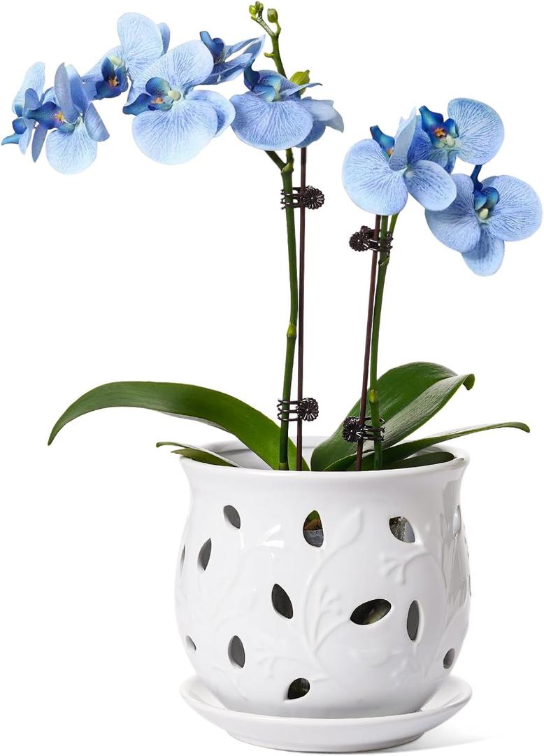 LE TAUCI Ceramic Orchid Pot, 6.5 Inch Orchid Pots with Holes, Orchid Planter for Repotting, Indoor Flower Plant Pot with Drainage and Saucer, White