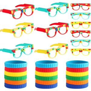 24 PCS Building Blocks Glasses Wristbands for Colorful Block Party Favors Set DIY Building Bricks Games Glasses Color Brick Silicone Bracelet for Creative Building Block Birthday Party Supplies