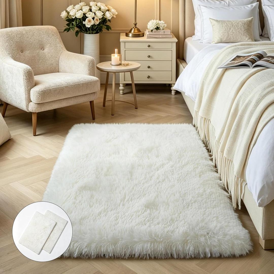 KCHOWUA Cream White Fluffy Area Rug for Girls Bedroom, 2x3 (2Pcs) Machine Washable Fuzzy Plush Carpet for Living Room, Soft Shaggy Throw Rug for Kids Dorm Room Nursery, Ivory