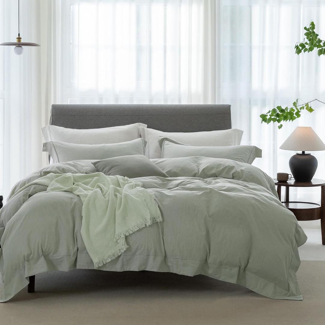 Cooling King Duvet Cover Set 3 Pieces-100% Washed Cotton with Chic Wide Trim Design Linen Like Textured Ultra Soft Cozy Bedding with Zipper Closure(Hemmed Sage Green,King 104"x90")