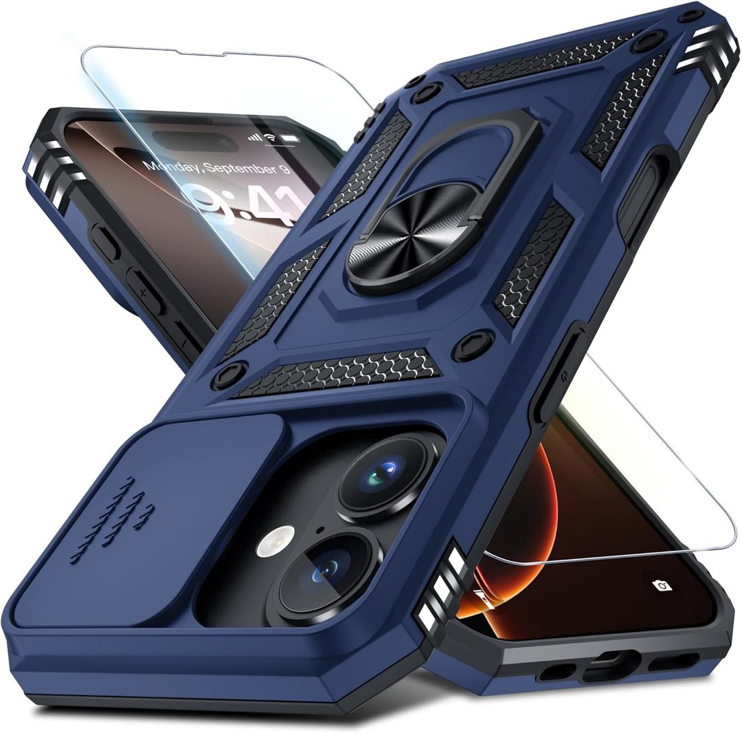Janmitta Case for iPhone 16 Pro Phone Cover Built in Slide Camera Lens Cover+Screen Protector,Heavy Duty Shockproof Full Body PhoneCase with Finger Ring Holder Kickstand,Blue