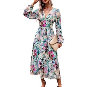 Women's Spring Wrap Maxi Dress Floral V Neck Long Sleeve Wedding Guest Party Casual Chiffon Dress (XX-Large, Green Geometry)