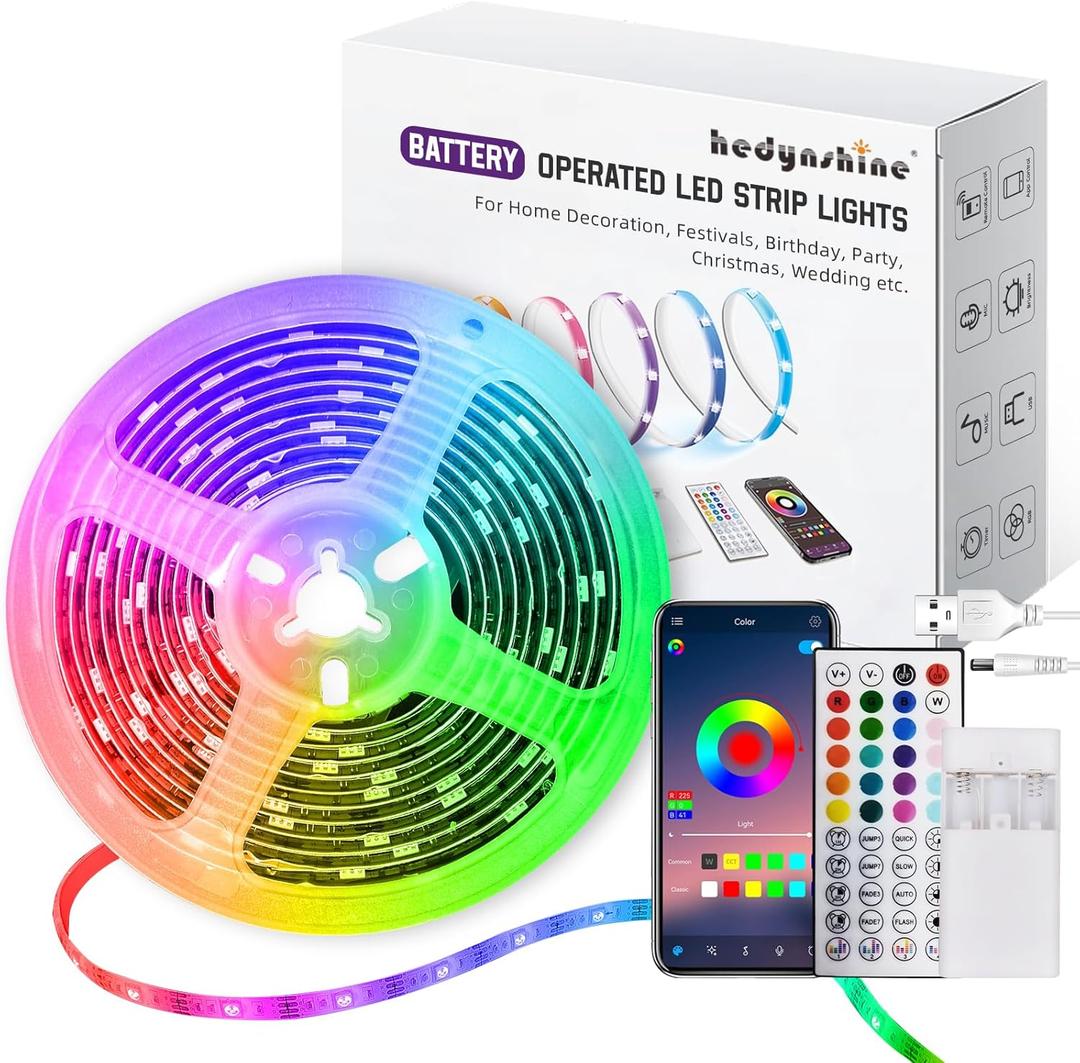 HEDYNSHINE Battery Operated LED Strip Lights, 20ft LED Lights Strip,USB Smart LED Strip Lights with Remote 40 Key and APP, LED Lights Strip Battery powerd for Bedroom, Kitchen, Party