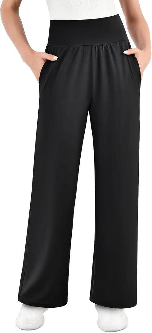 SINOPHANT Womens Wide Leg Yoga Pants with Pockets High Waisted Casual Lounge Loose Palazzo Pajama Sweatpants (Medium, Black)