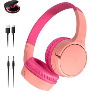 Belkin SoundForm Mini w/Case - Wireless Bluetooth Kids Headphones with 30H Battery Life, 85dB Safe Volume Limit, Built-in Microphone - Kids On-Ear Earphones for iPhone, iPad, & More - Pink