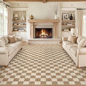 LIVEBOX 10x14 Area Rugs for Living Room, Checkered Non-Slip Washable Rugs, Farmhouse Neutral Classic Geometric Pattern Large Boys Area Rug for Bedroom, Carpet for Dining Room Office (Brown,10'x14')