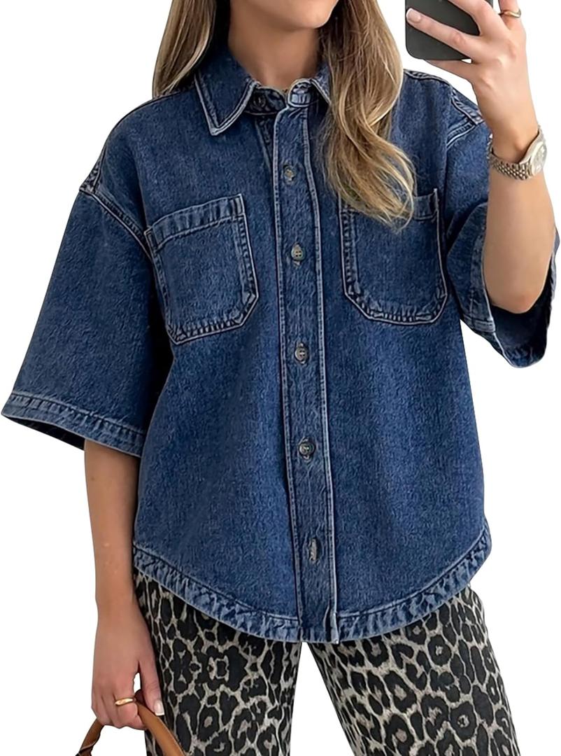 Women's Denim Shirt, Button Down Short Sleeve Jean Shirts Casual Top Outfits Trendy (X-Large, Dark Blue)