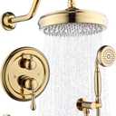 Enga Brass Shower Faucet Set with Tub Spout, 8" Rain Shower Head, Handheld Spray Combo, 3 Way Diverter Antique Bathtub Shower Faucet Set, Bright Gold