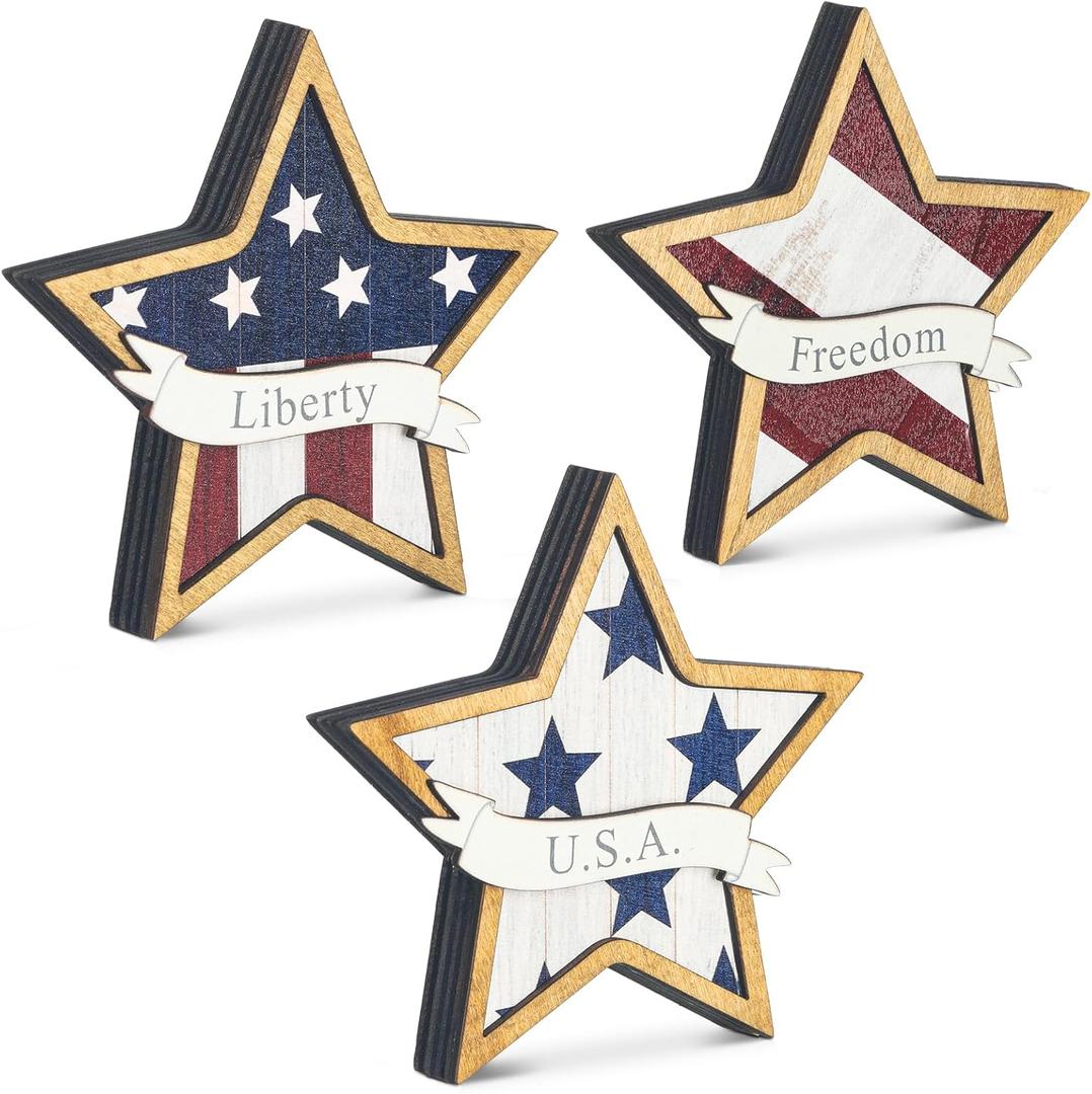 3 Pcs 4th of July Table Star Signs Tiered Tray Decor Independence Day Table Wooden Decoration Patriotic American Flag Theme Star Standing Blocks for Memorial Day Home Office(Stylish)