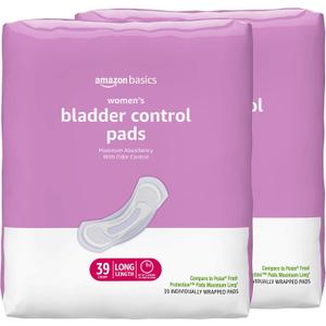 Amazon Basics Incontinence Pads for Women, Postpartum, Long, Maximum Absorbency, Bladder Control, Unscented, 78 Count (2 Packs of 39)