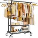 HYSEYY Heavy Duty Clothes Rack, Rolling Clothing Rack With Shelves Load 620 LBS, Double Rod Clothing Racks for Hanging Clothes, Portable& Adjustable Clothes Rack with Wheels,Black