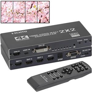 4K HDMI Video Wall Controll 2x2, Video Wall Processor with RS232/DVI/Type-C Input, Support 90 180 Rotation, IR Remote, SPDIF Audio Output