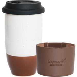 Bosmarlin Ceramic Travel Coffee Cup with Lid, 16 Oz, Portable Coffee Mug for Car Cup Holder, Microwave and Dishwasher Safe (White, 16 Oz)
