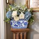 Blue and White Ceramic Planter Pot Vintage Floral Oval Cachepot Vase for Indoor Plants, Flowers & Succulents Glazed Chinese Porcelain Style Decorative Bowl 10.6" Size No Drainage