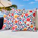 Outdoor Pillow Covers 20x20 Inch Set of 2, Red Floral Printed Boho Throw Pillows Cases Waterproof Square Garden Cushion Sham for Spring Summer Patio Furniture Tent Balcony Bench Sofa Couch