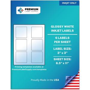 Premium Label Supply Glossy White Square Sticker Labels  3" x 3"  (6 per Sheet) (Glossy White for Inkjet Only, 60 Labels)