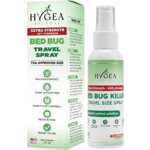 Hygea Natural Extra Strength Bed Bug Killer & Mite Travel Spray,TSA Approved Size, Child & Pet-Friendly, Stain & Odor Free, for Hotel, Suitcase, Backpack, Shoes, 66% Stronger Natural Formula(3oz)