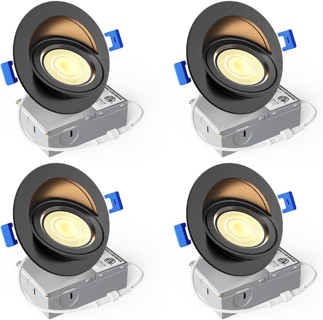 Ensenior 4 Pack 4 inch 5CCT LED Gimbal Led Recessed Light with Junction Box, 360+90 Adjustable Directional Lighting, Dimmable, CRI90+, 2700K/3000K/3500K/4000K/5000K, 900LM, 10W=85W-ETL&FCC, Black
