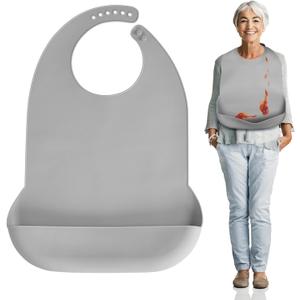 Adult Bibs for Eating - Silicone Bibs for Men, Women Elderly - Washable Adult Bib with Crumb Catcher (Gray)