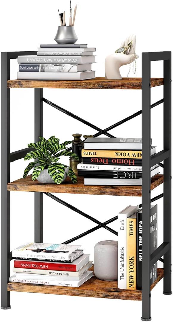 Homeiju Bookshelf, 3 Tier Industrial Bookcase, Metal Small Bookcase, Rustic Etagere Book Shelf Storage Organizer for Living Room, Bedroom, and Home Office(Rustic Brown) Patent Pending D29873033 (Vintage)