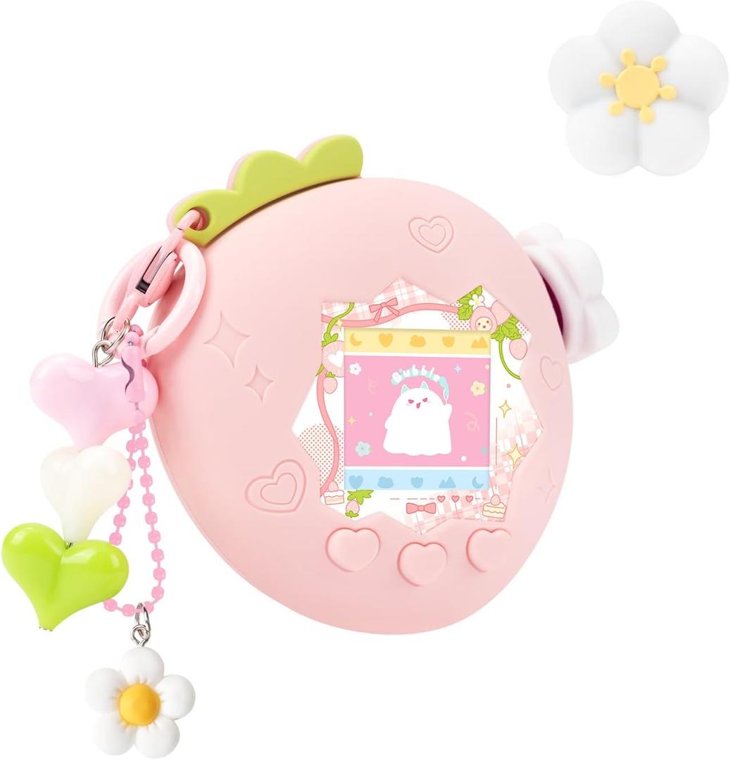Strawberry Bubble Protective Case for Tamagotchi Paradise, Soft TPU Silicone Cover with Faceplate, Flower Shaped Zoom Dial Cap & Charms Set, Anti-Scratch & Waterproof (Pink)