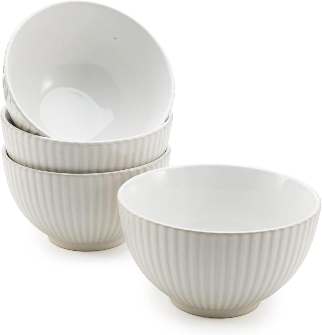 American Atelier Fluted Cereal Bowls | Set of 4 | Stoneware Soup Bowls Set for Kitchen | 22-Ounce Pasta, Ramen, Salad Bowl Set | Reusable, Microwave, and Dishwasher Safe (White)