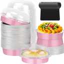 LNYZQUS 4” Mini Cake Tins with Lids 50 Pack, Small Aluminum Foil Pie Pans Disposable Ramekins Mini Tart Creme Brulee Baking Pans Dishes,Individual Muffin Tins Small Cake Contaniers-Pink