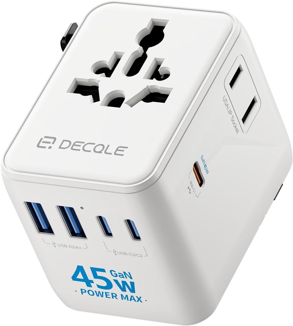 Universal Travel Adapter, International Travel Plug Adapter with 3 USB-C 2 USB-A Ports 45W, All in One Portable Socket, for USA, UK, EU, AU 224+ Countries (White)