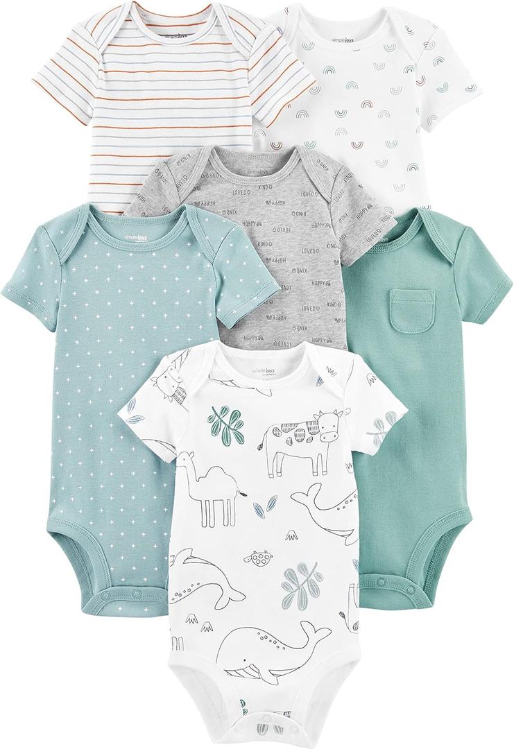 Simple Joys by Carter's Unisex Babies' Short-Sleeve Bodysuit 6 pack (6-9 Months, Animal/Rainbow/Stripe/Text Print)