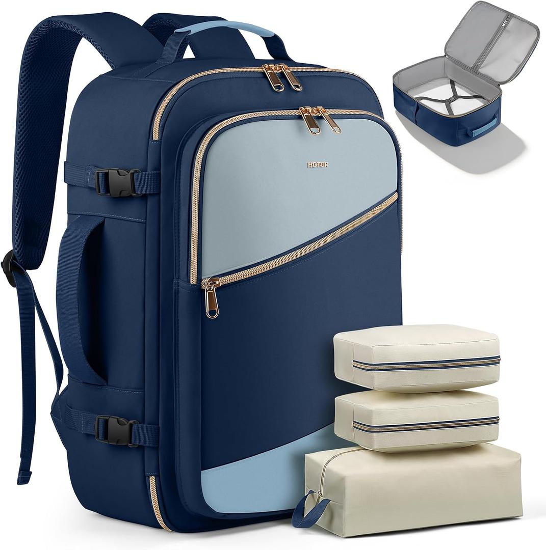 HOTOR Travel Backpack for Women – TSA-Friendly Travel Bag with Multiple Compartments & 3 Packing Cubes, Water-Resistant & Comfortable, Perfect for Travel Essentials, Blue, 17.3" x 13.0" x 7.9"