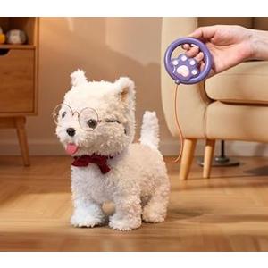 eJog Pup Walking Dog Toy with Leash, Remote Control Interactive Robot Dog, Dress Up Plush Puppy with Walking, Barking, Tongue Licking, Tail Wagging, Toys for Age 3+ Kids