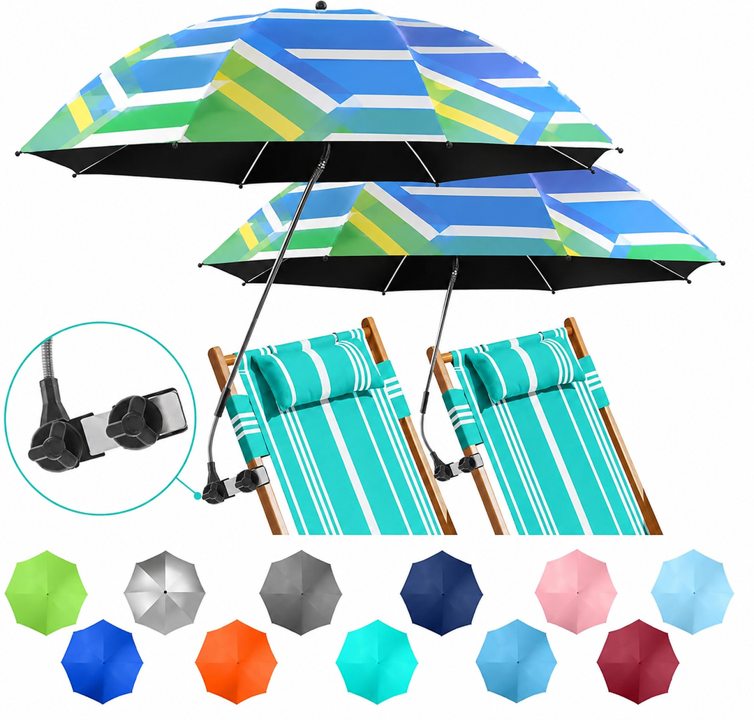 2 PACK Beach Umbrella with Clamp, 360 ° Adjustable Umbrellas for Chair, UPF50+ Umbrella for Beach Chair, Patio Chair, Wheelchair, Camping Chair, Golf Carts (Chair Not Included)
