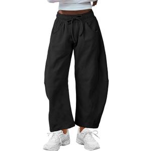 SeekMe Women's Barrel Leg Sweatpant Drawstring Elastic Waisted Wide Leg Pants Casual Cotton Palazzo Trousers with Pockets (Medium, Black)