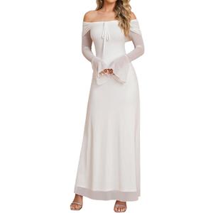 Off Shoulder Long Sleeve Maxi Dress Bodycon Tie Party Formal Wedding Guest Dresses for Women 2026 (White, S)