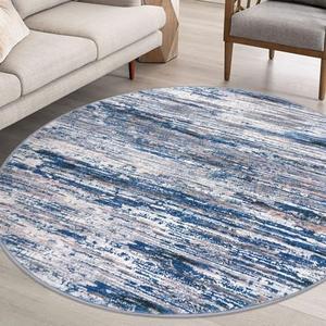 SIILOOM 6' Round Rug Washable Rug for Entryway, Navy Blue Gray Neutral Multi Soft Non-Slip Area Rugs Modern Abstract Low-Pile Carpet, Neutral Vintage Circle Rugs for Living Room Dining Bedroom Foyer
