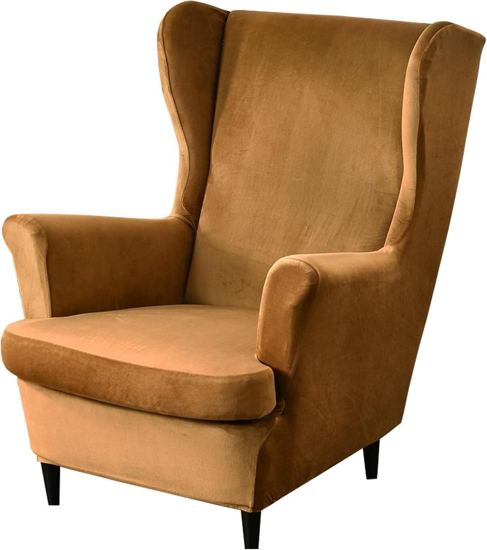 MIFXIN Wingback Chair Slipcover 2-Piece Velvet Stretch Wing Chair Slipcovers with Cushion Cover Removable Washable Armchair Furniture Protector for Living Room (Camel)