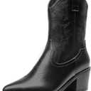 DREAM PAIRS Women's Cowboy Boots, Pointed Toe Chunky Heel, Zipper Pull-On Stitched Western Ankle Boots, 7, Black
