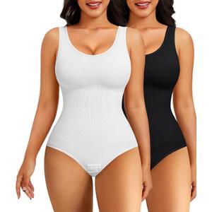 Nebility 2 Piece Shapewear Bodysuit for Women Tummy Control Slim Fit Sleeveless Round Neck Body Suit(Black/ White 2pk, Medium-Large)