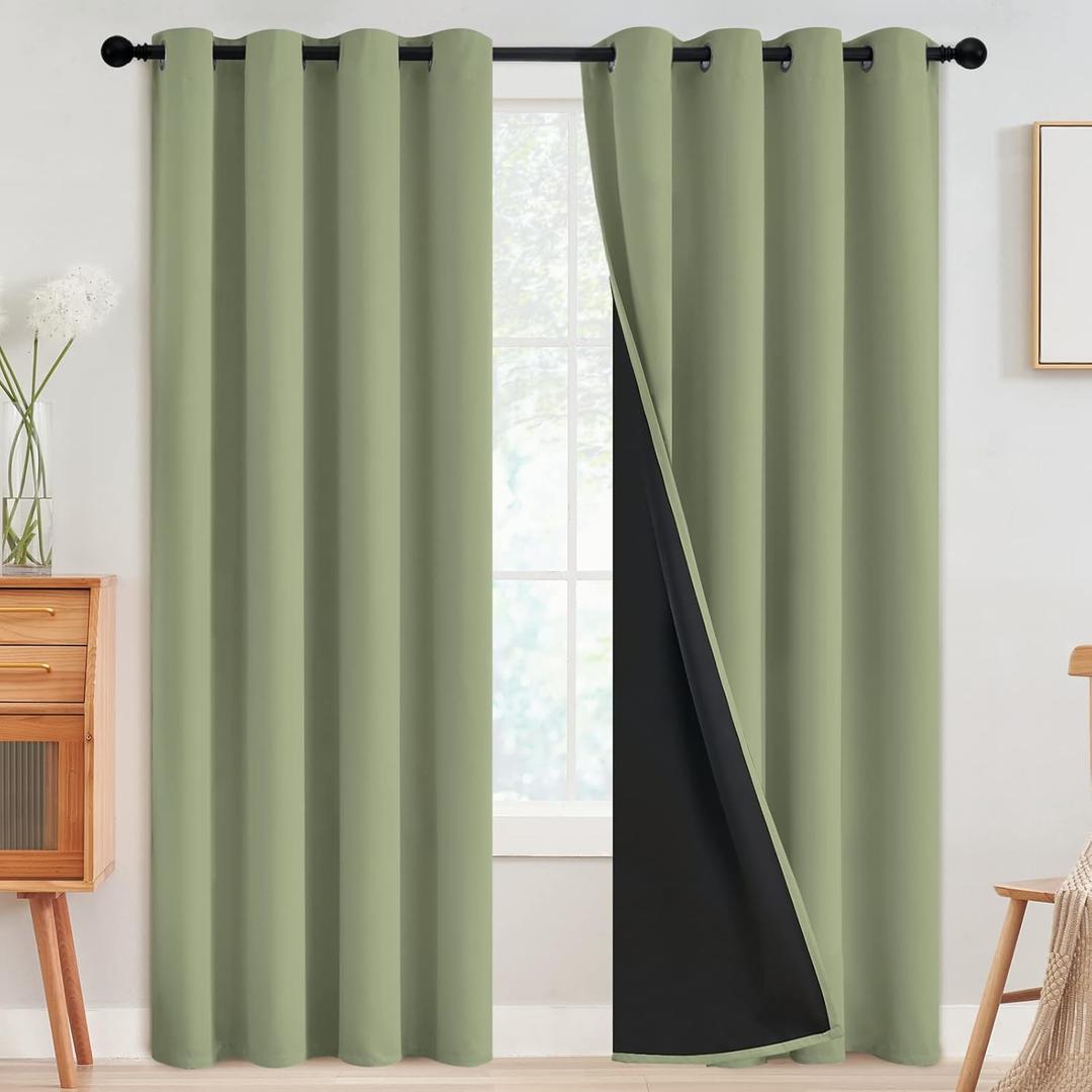 SimpleHome 100% Blackout Curtains for Bedroom,Thermal Insulated Grommet Window Drapes Room Darkening Sage Curtains for Living Room with Black Back,52 x 84 Inch,2 Panels
