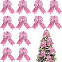 Cindeer 12 Pieces Christmas Tree Ribbon Bow 6.3 x 9.5 Inch Patterned Ribbon Xmas Bow for Christmas Home Decoration (Rose Pink)