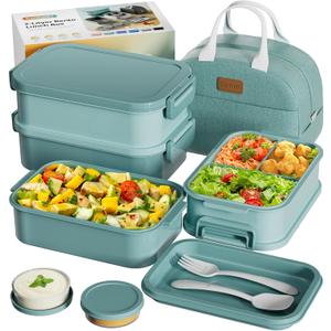 Adults Bento Box with Insulated Lunch Bag, 74oz Capacity 3 Stackable Leak-Proof Bento Box Built-In Utensil and Sauce, PFAS & BPA-Free, Microwave & Dishwasher Safe (Mint Green)