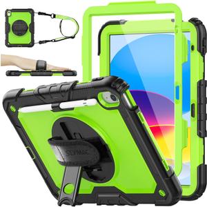 SEYMAC stock Case for iPad (A16) 11th/10th Generation 11''/10.9'' 2025/2022, Full-Body Drop Protection Case with Screen Protector &360 Rotate Hand Strap/Stand, Green+Black