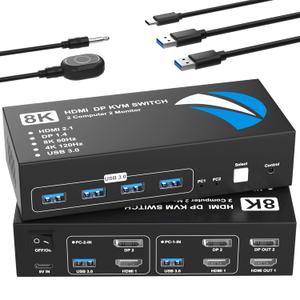 8K@60Hz HDMI DisplayPort KVM Switch 2 Monitors 2 Computers, 4K@120Hz Dual Monitor KVM Switches HDMI DisplayPort for 2 Computers Share 2 Monitors and 4 USB Devices for Keybord Mouse Printer Hard Drive