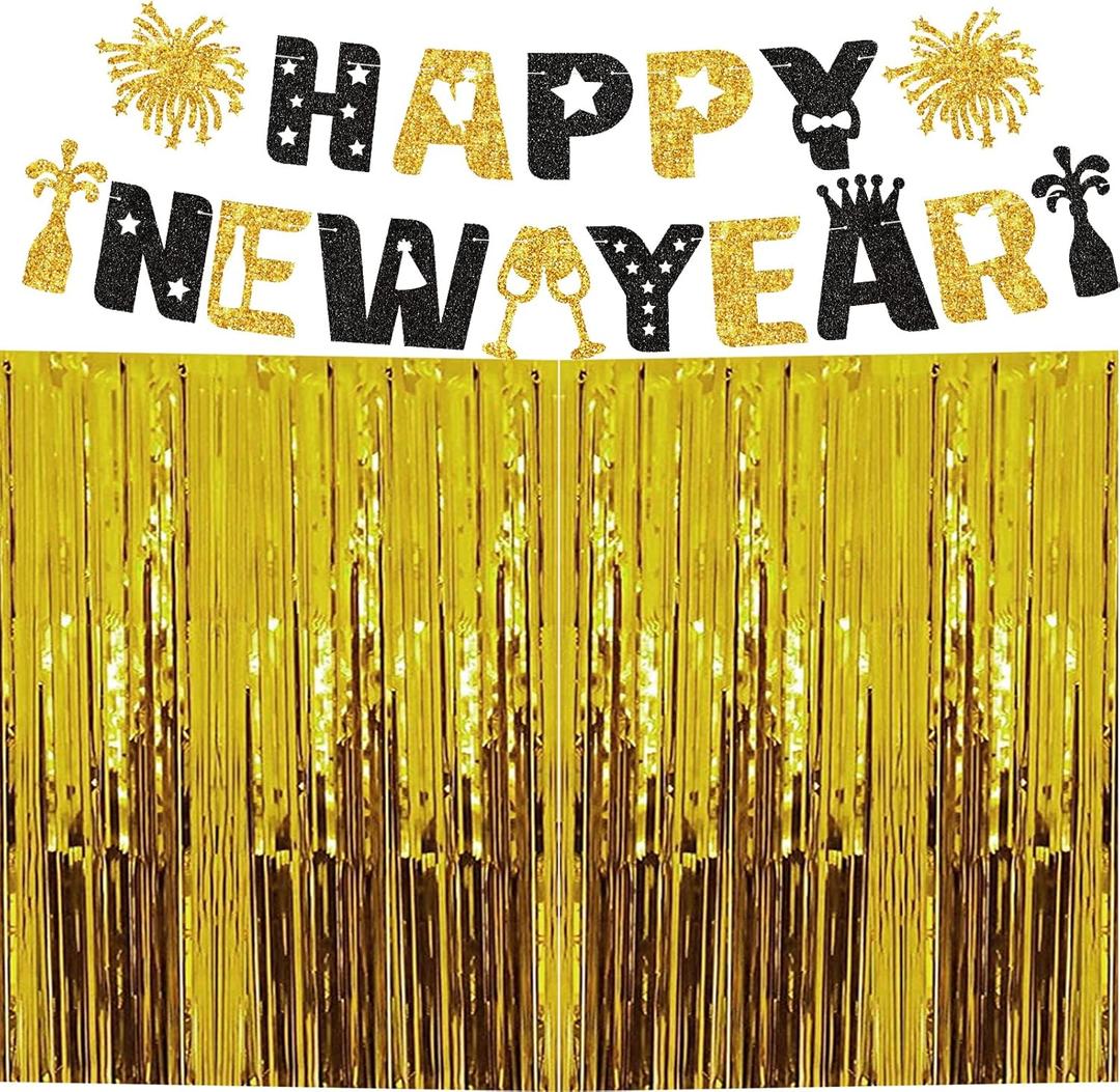 New Years Eve Party Supplies 2025, 2 Pack Gold Fringe Backdrop Gold Tinsel Curtains and Glitter Happy New Year Banner, New Years Eve Decorations Photo Props